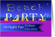 Beach Party Invitation. Night town. Custom Text Front card