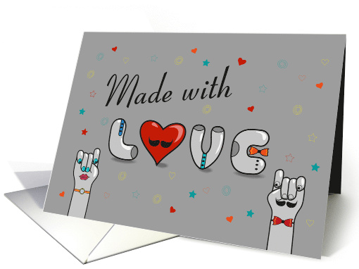Made with Love. Vintage Font with Heart and Cartoon Hands card