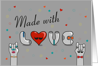 Made with Love. Vintage Font with Heart and Cartoon Hands card