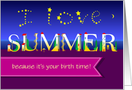 I love Summer. Birthday Card. Night beach. Custom text front card