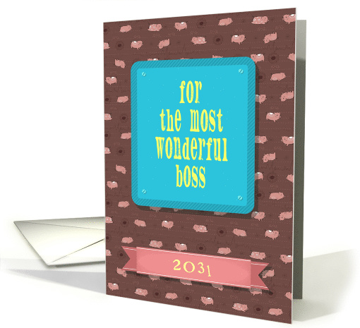2031 Year of the Pig. Funny cartoon pigs. Custom Text Front card
