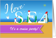 I love sea. Birthday party invitation. Cruise Ship. Custom text front card