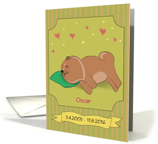 Loss of Dog. Sleeping brown dog with pillow. Custom text front card