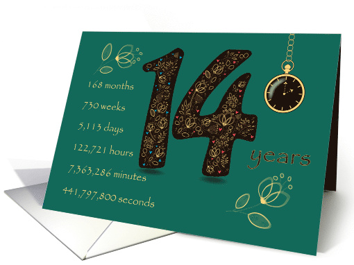 14th Birthday. Golden design. Floral Number 14. Time counting card