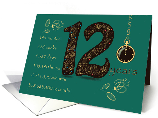 12th Golden Birthday Card. Floral Number 12. Time counting card