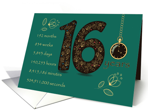 16th Golden Birthday Card. Floral Number 16. Time counting card