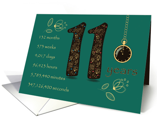 11th Golden Birthday Card. Floral Number 11. Time counting card