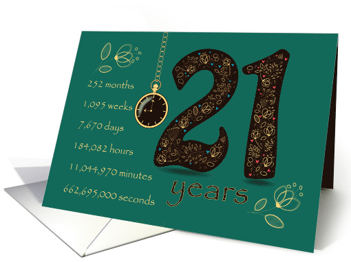 21st Golden Birthday Card. Floral Number 21. Time counting card