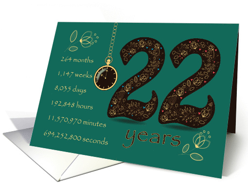 22nd Golden Birthday Card. Floral Number 22. Time counting card