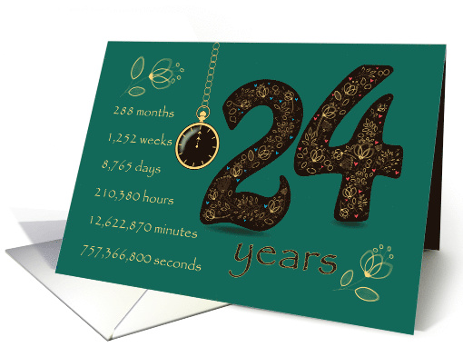 24th Golden Birthday Card. Floral Number 24. Time counting card