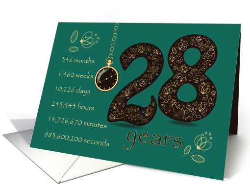 28th Golden Birthday Card. Floral Number 28. Time counting card