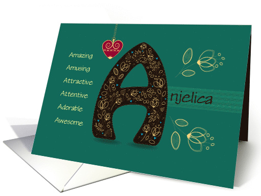 Birthday card for Custom Name. Artistic Letter A and Gold Flowers card