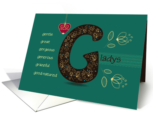 Name Day of Gladys. Letter G and Golden Color Flowers card (1518466)