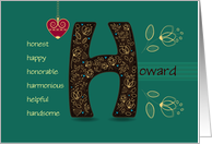 Name Day of Howard. Letter H and Golden Color Flowers card