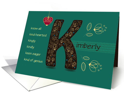 Name Day of Kimberly. Letter K and Golden Color Flowers card (1518952)