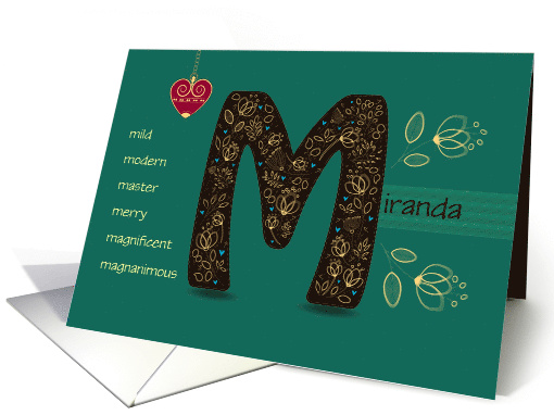 Name Day of Miranda. Letter M and Golden Color Flowers card (1519208)