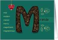 Name Day of Miranda. Letter M and Golden Color Flowers card