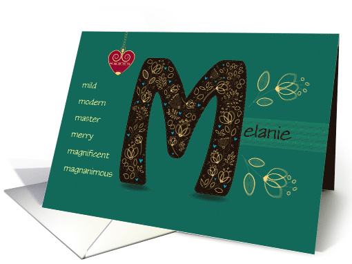 Any occasion for Custom Name. Letter M and Golden Color Flowers card