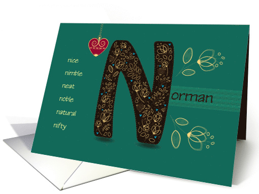 Any occasion for Custom Name. Letter N and Golden Color Flowers card