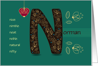 Any occasion for Custom Name. Letter N and Golden Color Flowers card
