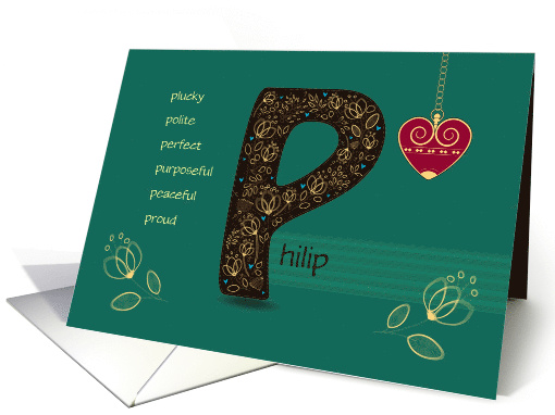 Birthday card for Custom Name. Letter P and Golden Color Flowers card