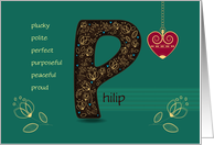Birthday card for Custom Name. Letter P and Golden Color Flowers card