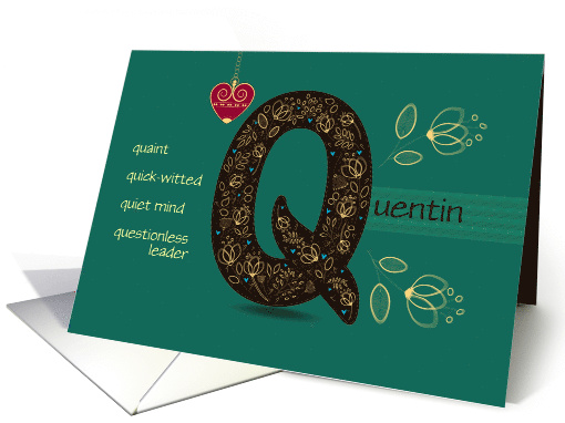 Name Day of Custom Name. Letter Q and Golden Color Flowers card