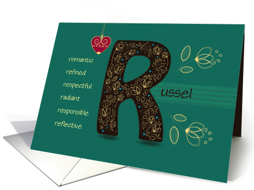 Birthday Card for Custom Name. Letter R and Golden Color Flowers card