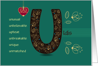 Birthday Card for Custom Name. Letter U and Golden Color Flowers card