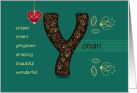 Any Occassion for Custom Name. Letter Y and Golden Color Flowers card