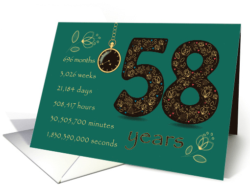 58th Birthday Card. 58 years break down into months, days, etc. card