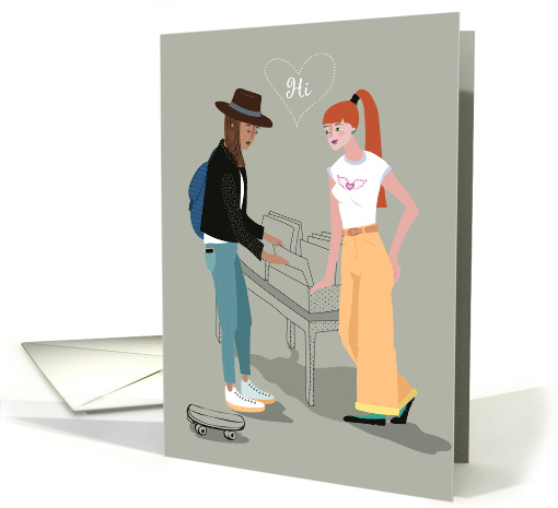 Romantic Meeting of Two Girls in a Music Store. Custom appearance card