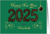 Happy New Year 2025 Golden Flowers and Watch Custom Name card