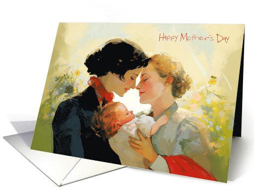 Two Women in Love with a Baby ina Summer Day among Wildflowers card