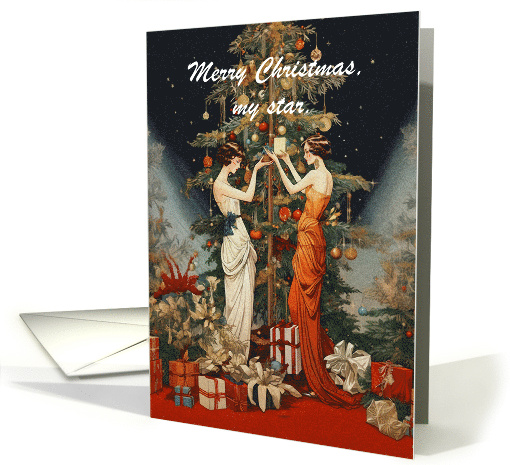 Two Women in Vintage Outfits Decorating a Christmas Tree card