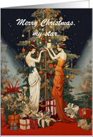 Two Women in Vintage Outfits Decorating a Christmas Tree card