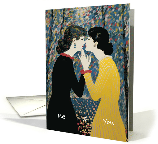 Two Elegant Women in an Intimate Moment About to Share a Kiss card