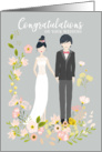 Floral with Ebony Hair Couple Wedding Congratulations card