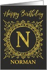 Illustrated Custom Happy Birthday Gold Foil Effect Monogram N card