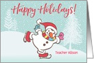 Custom Illustrated Snowy Christmas Skating Snowman To Teacher card