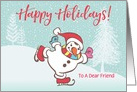 Custom Illustrated Snowy Christmas Skating Snowman For A Friend card