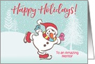 Custom Illustrated Snowy Christmas Skating Snowman For Mentor card