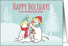 Custom Illustrated Snowy Christmas Two Snowmen For Brother card