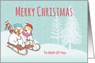 Custom Snowy Christmas Snowmen Sleighing Downhill For Both of You card