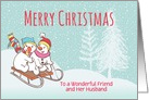 Custom Christmas Snowmen Sleighing Downhill For Friend and Husband card
