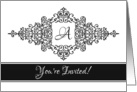 Flourish Frame Black and White Invitation with Monogram Letter A card