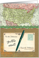 Custom Name Relocating to Another State, USA Vintage Map, Missing You card