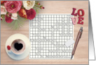 Crossword Puzzle Engagement Congratulations with Flowers, Cup, Pen card