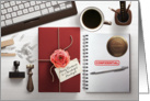Christmas for Paralegal with Stamp, Notebook, Gift, Keyboard, Coffee card