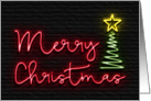 Neon Merry Christmas with Tree and Star, Black Brick Wall Background card